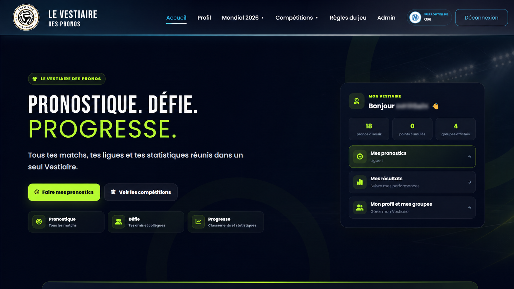 Page d’accueil desktop du Vestiaire des Pronos